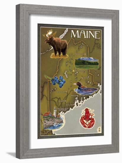 Maine Map and Icons-Lantern Press-Framed Art Print