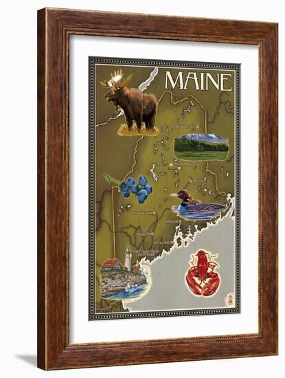 Maine Map and Icons-Lantern Press-Framed Art Print