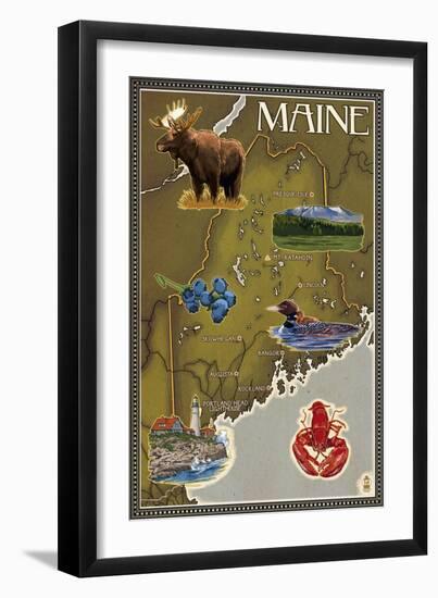 Maine Map and Icons-Lantern Press-Framed Art Print