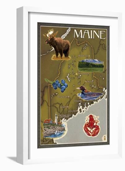 Maine Map and Icons-Lantern Press-Framed Art Print