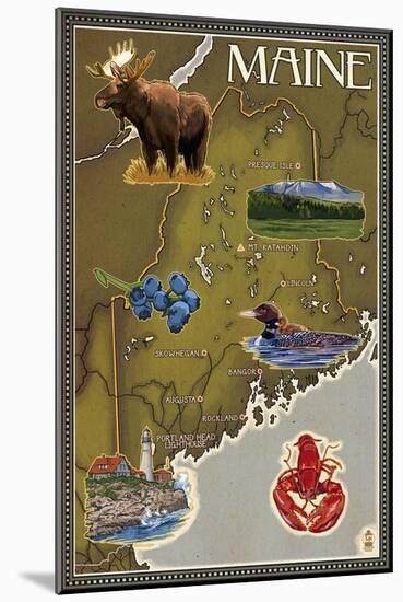 Maine Map and Icons-Lantern Press-Mounted Art Print
