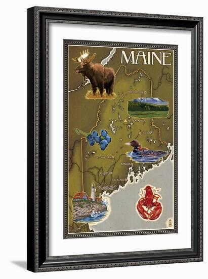 Maine Map and Icons-Lantern Press-Framed Art Print