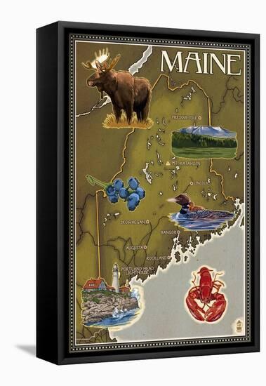 Maine Map and Icons-Lantern Press-Framed Stretched Canvas