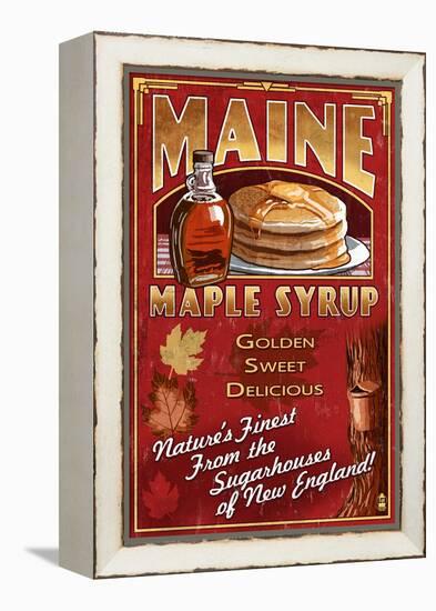 Maine - Maple Syrup Vintage Sign-Lantern Press-Framed Stretched Canvas