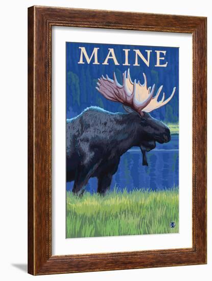 Maine - Moose in the Moonlight-Lantern Press-Framed Art Print