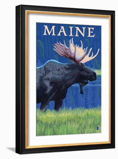 Maine - Moose in the Moonlight-Lantern Press-Framed Art Print