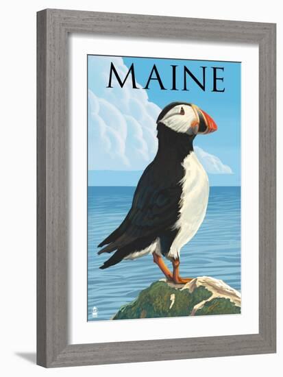 Maine - Puffin on Rock Scene-Lantern Press-Framed Art Print