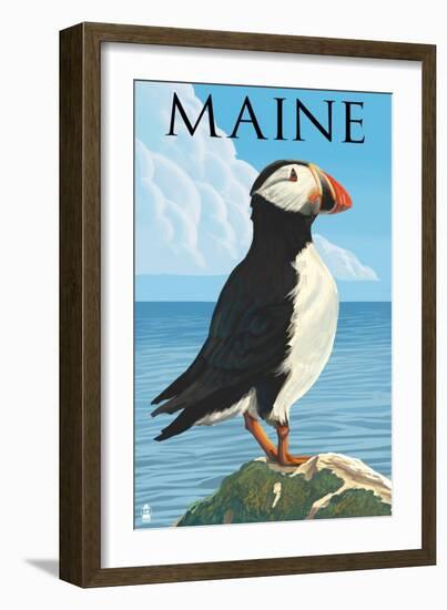 Maine - Puffin on Rock Scene-Lantern Press-Framed Art Print