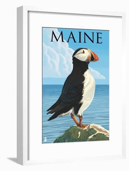 Maine - Puffin on Rock Scene-Lantern Press-Framed Art Print