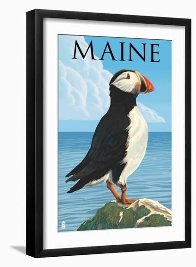 Maine - Puffin on Rock Scene-Lantern Press-Framed Art Print