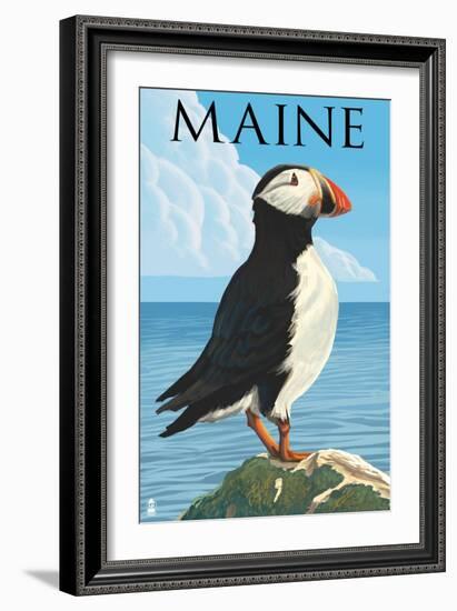 Maine - Puffin on Rock Scene-Lantern Press-Framed Art Print