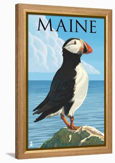 Maine - Puffin on Rock Scene-Lantern Press-Framed Stretched Canvas