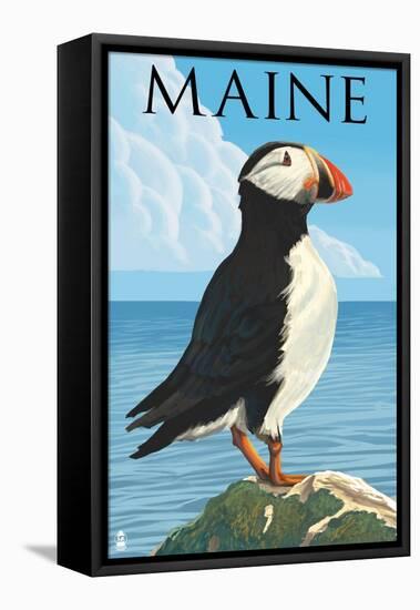 Maine - Puffin on Rock Scene-Lantern Press-Framed Stretched Canvas