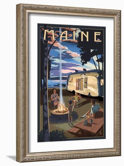 Maine - Retro Camper and Lake-Lantern Press-Framed Art Print