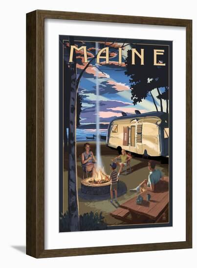 Maine - Retro Camper and Lake-Lantern Press-Framed Art Print