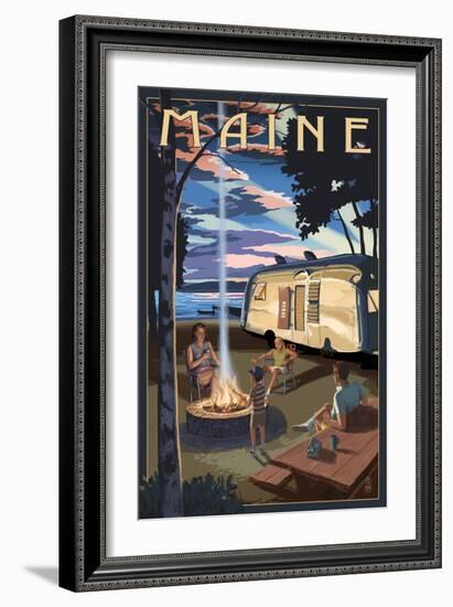 Maine - Retro Camper and Lake-Lantern Press-Framed Art Print