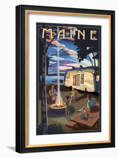 Maine - Retro Camper and Lake-Lantern Press-Framed Art Print