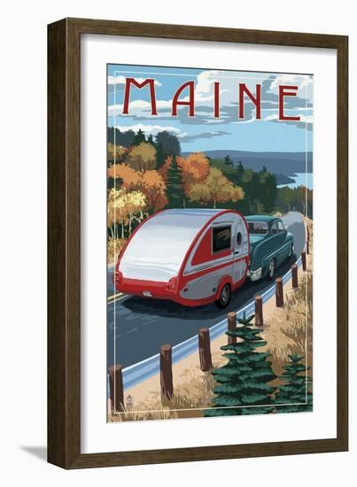 Maine - Retro Camper on Road-Lantern Press-Framed Art Print