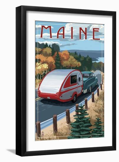 Maine - Retro Camper on Road-Lantern Press-Framed Art Print