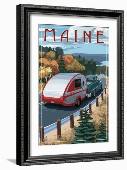 Maine - Retro Camper on Road-Lantern Press-Framed Art Print
