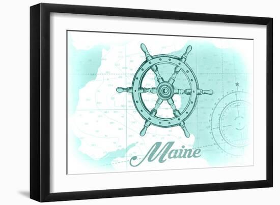 Maine - Ship Wheel - Teal - Coastal Icon-Lantern Press-Framed Art Print