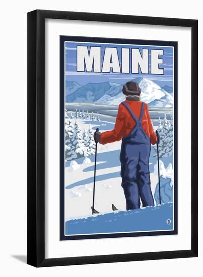 Maine - Skier Admiring View-Lantern Press-Framed Art Print