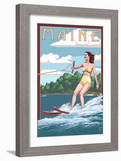 Maine - Water Skier and Lake-Lantern Press-Framed Art Print