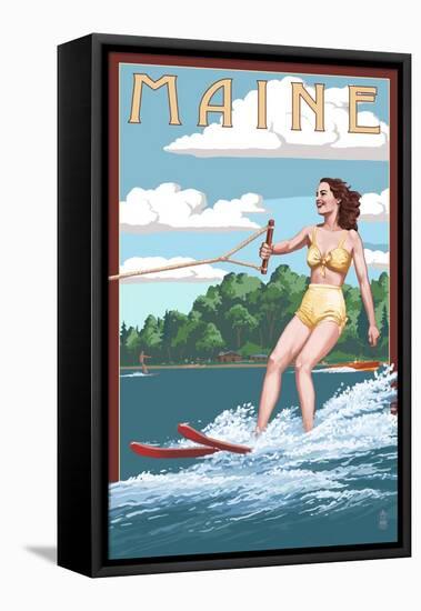 Maine - Water Skier and Lake-Lantern Press-Framed Stretched Canvas