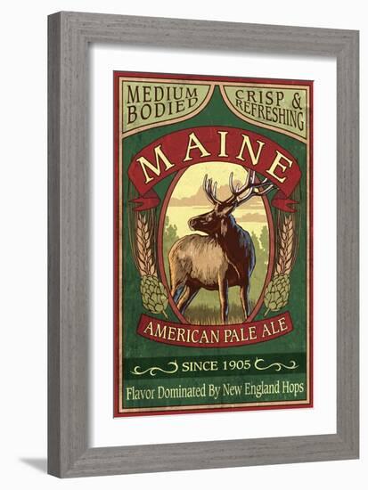 Maine - White Tailed Deer Ale Vintage Sign-Lantern Press-Framed Art Print