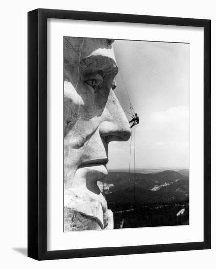 Maintenance Worker on the Nose of Mount Rushmore's Abraham Lincoln, South Dakota, 1960s-null-Framed Photo