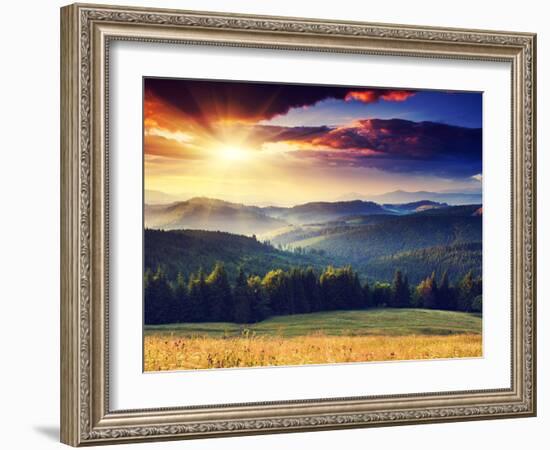 Majestic Sunset in the Mountains Landscape. Dramatic Sky. Carpathian, Ukraine, Europe.-Leonid Tit-Framed Photographic Print