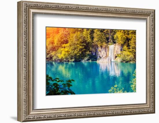 Majestic View on Waterfall with Turquoise Water and Sunny Beams in Plitvice Lakes National Park. Fo-Leonid Tit-Framed Photographic Print