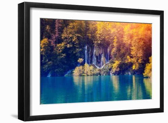 Majestic View on Waterfall with Turquoise Water and Sunny Beams in Plitvice Lakes National Park. Fo-Leonid Tit-Framed Photographic Print