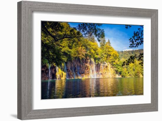 Majestic View on Waterfall with Turquoise Water and Sunny Beams in the Plitvice Lakes National Park-Leonid Tit-Framed Photographic Print