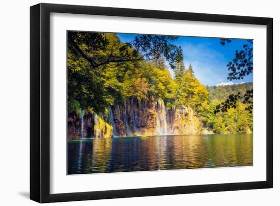 Majestic View on Waterfall with Turquoise Water and Sunny Beams in the Plitvice Lakes National Park-Leonid Tit-Framed Photographic Print