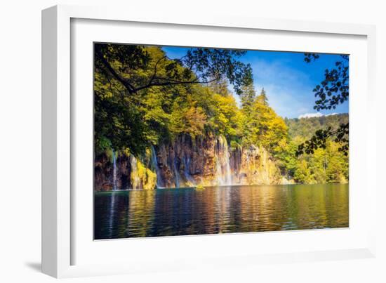 Majestic View on Waterfall with Turquoise Water and Sunny Beams in the Plitvice Lakes National Park-Leonid Tit-Framed Photographic Print