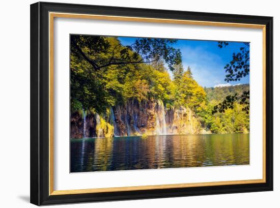 Majestic View on Waterfall with Turquoise Water and Sunny Beams in the Plitvice Lakes National Park-Leonid Tit-Framed Photographic Print