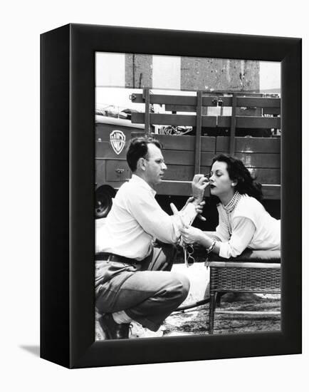 Makeup Artist Ben Nye Applying Eye Makeup to Actress Hedy Lamarr Who Observes in a Mirror-null-Framed Stretched Canvas