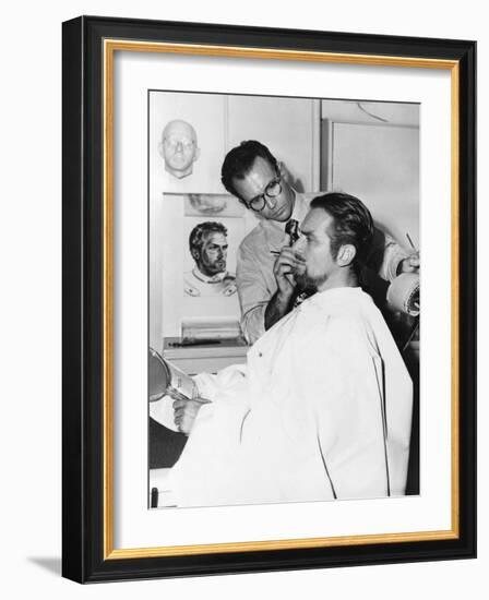 Makeup Artist Ben Nye Working on Actor Douglas Fairbanks, Jr-null-Framed Premium Photographic Print