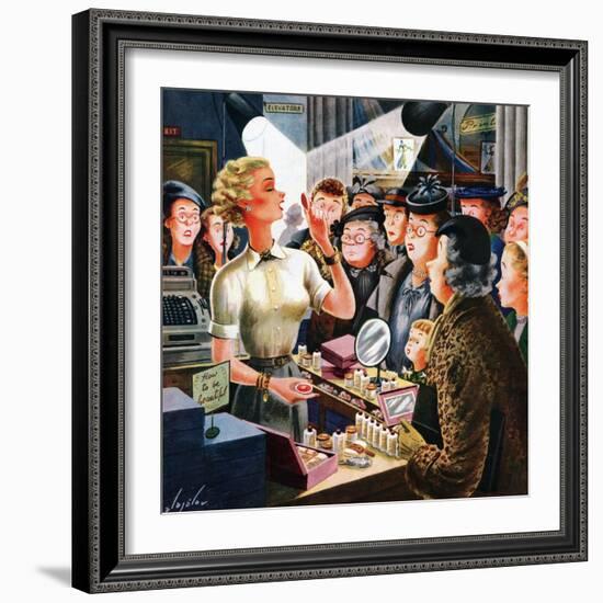 "Makeup Counter", March 10, 1951-Constantin Alajalov-Framed Giclee Print