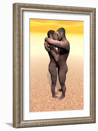 Male and Female Homo Erectus Hugging in the Desert-null-Framed Art Print