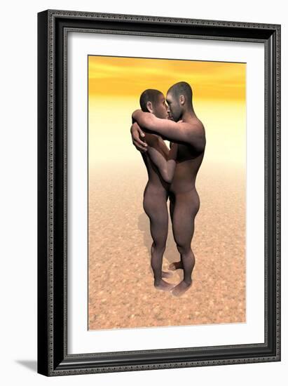 Male and Female Homo Erectus Hugging in the Desert-null-Framed Art Print