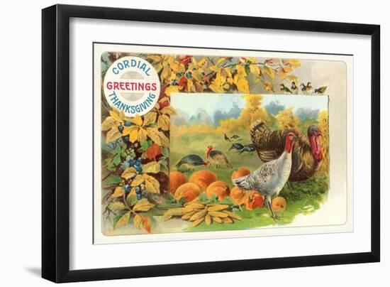 Male and Female Turkeys, Pumpkins-null-Framed Art Print