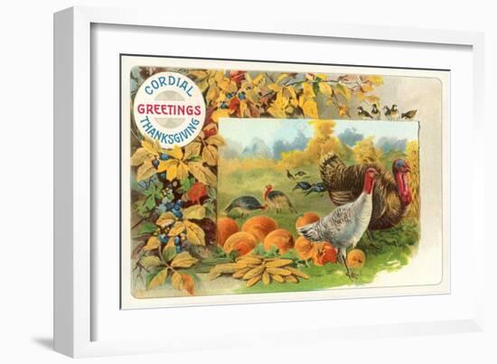 Male and Female Turkeys, Pumpkins-null-Framed Art Print