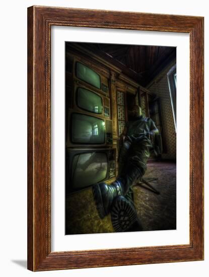 Male Figure in Abandoned Building with Televisions-Nathan Wright-Framed Photographic Print