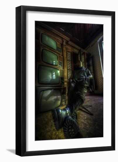 Male Figure in Abandoned Building with Televisions-Nathan Wright-Framed Photographic Print