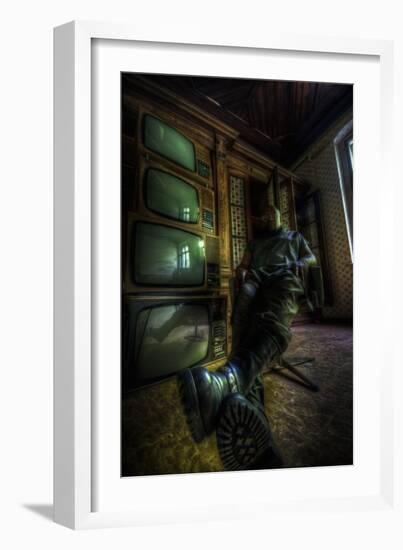 Male Figure in Abandoned Building with Televisions-Nathan Wright-Framed Photographic Print