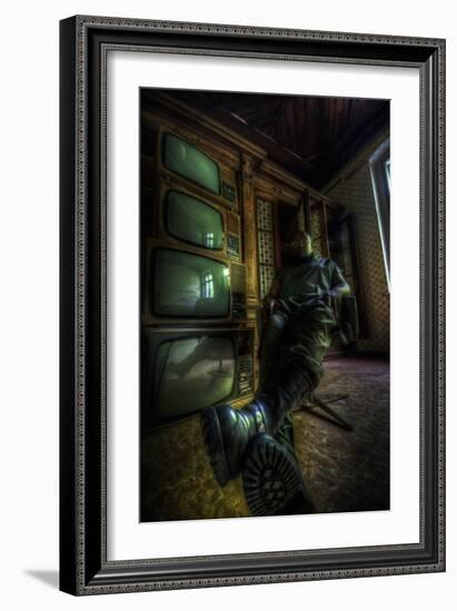 Male Figure in Abandoned Building with Televisions-Nathan Wright-Framed Photographic Print