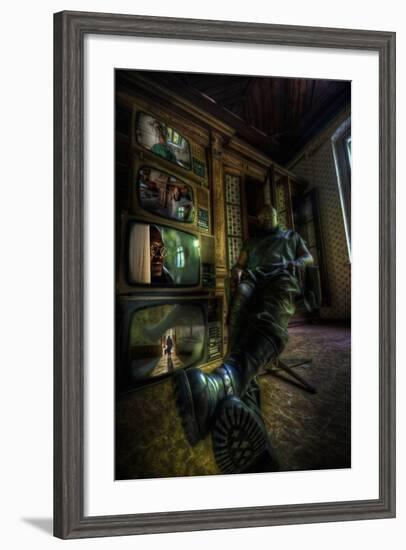 Male Figure in Abandoned Building with Televisions-Nathan Wright-Framed Photographic Print