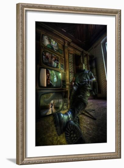 Male Figure in Abandoned Building with Televisions-Nathan Wright-Framed Photographic Print
